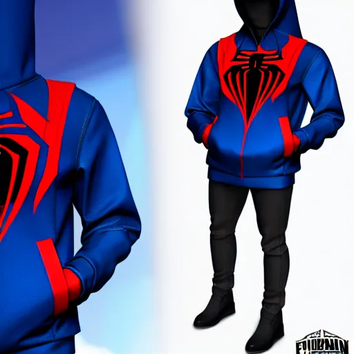 Image similar to futuristic spiderman dressed hoodie jacket and bag,highly detailed, 4k, HDR, award-winning, artstation, octane render