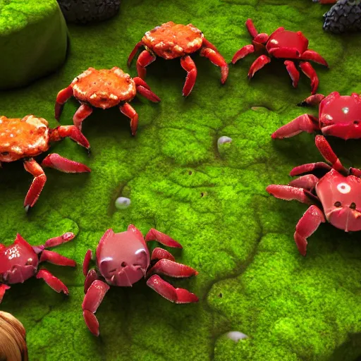 Image similar to voidless of the festival, large group of crabs and worms, crawling along a bed of moss, low poly, creeper world, handcrafted, artstation, hyperrealistic, hard light, best practices, creeptastic, photorealism, macro perspective, cuddly