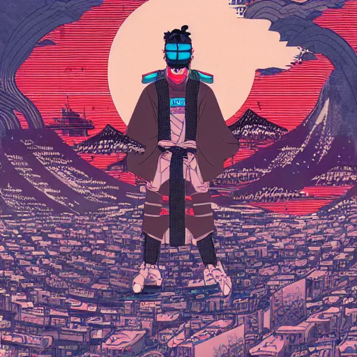 Image similar to cyberpunk samurai in a synth wave city, in the style of hokusai