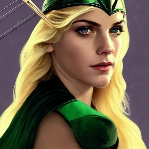 Image similar to A combination of Katheryn Winnick's and Grace Kelly's and Emma Watson's faces with blonde hair as Green Arrow, western, D&D, fantasy, intricate, elegant, highly detailed, digital painting, artstation, concept art, matte, sharp focus, illustration, art by Artgerm and Greg Rutkowski and Alphonse Mucha