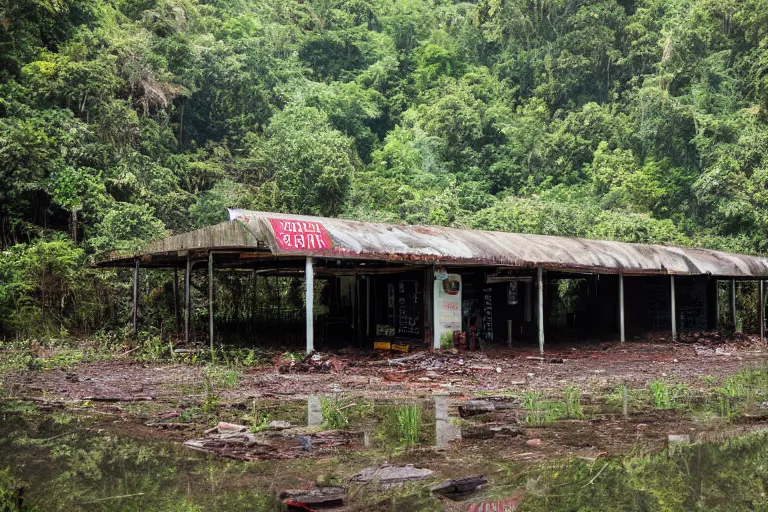 Prompt: an abandoned gas station in a jungle during nighttime and rain, dslr photo