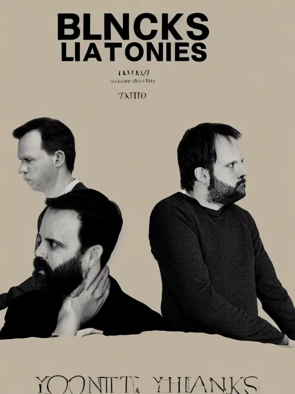 Image similar to Poster for a Yorgos Lanthimos movie featuring two black and white uncomfortable man, minimalism, beige background, realistic, 4k, in the style of Vasilis Marmatakis