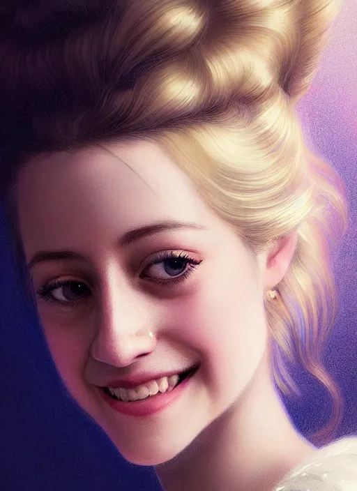 Image similar to portrait of lili reinhart with fluffy bangs, smiling kindly, bangs, 1 9 6 0 s, ponytail, curly bangs and ponytail, intricate, elegant, glowing lights, highly detailed, digital painting, artstation, concept art, smooth, sharp focus, illustration, art by wlop, mars ravelo and greg rutkowski