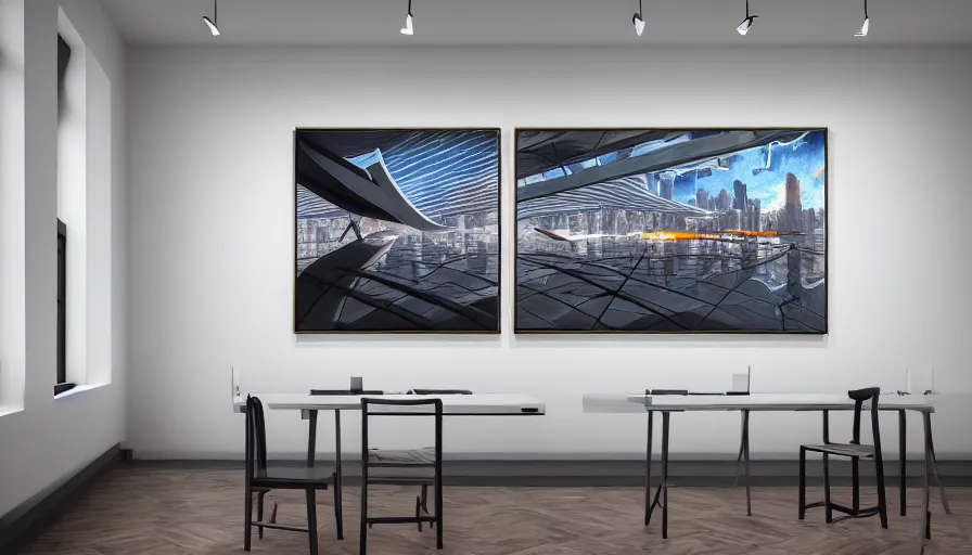 Prompt: interior futuristic art gallery wide angle highly detailed by santiago calatrava, three wall hanging paintings famous pieces by banksy!, captivating 8 k hdr, octane render godrays hyperrealism