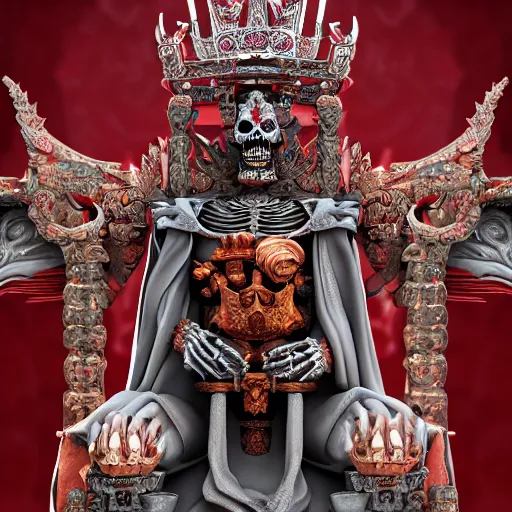 Image similar to skeleton king in a temple, standing by a throne. Thick red robes, shinning jeweled crown. Mighty, 4k, artstation, high detail, octane, wide angle shot from below