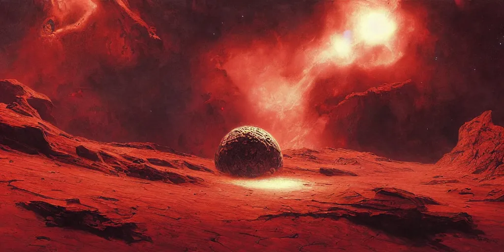 Image similar to supernova, alien surface planet, red desert mars, painted by ruan jia, raymond swanland, lawrence alma tadema, zdzislaw beksinski, norman rockwell, jack kirby, tom lovell, alex malveda, greg staples