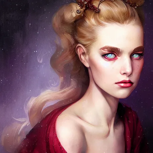 Image similar to a portrait of lily colins, symmentrical face and eyes, by charlie bowater and anna dittmann and gil elvgren.