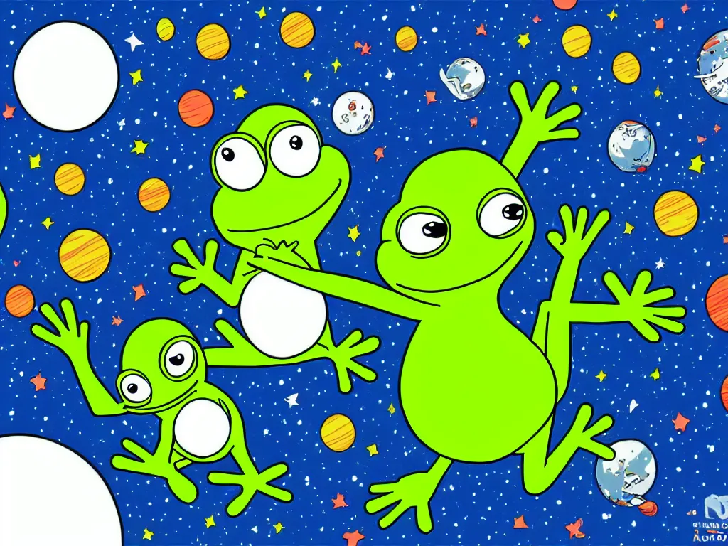 Image similar to happy pepe the frogs floating in space, cartoon illustration, detailed