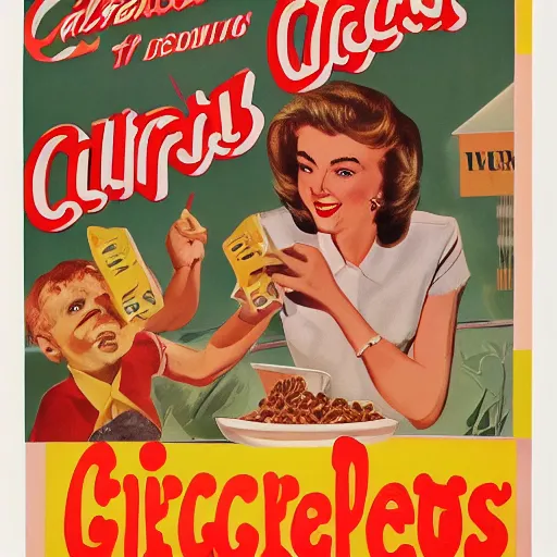 Image similar to an advertisement for a cereal meant to be eaten by snakes circa 1 9 5 0 s, art,