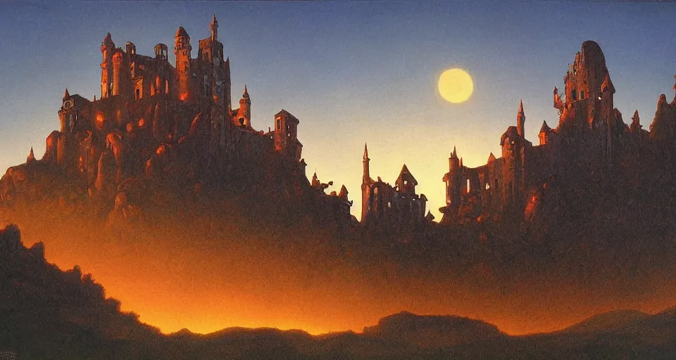 Image similar to haunted castle in a hill next to a giant valley, sunrise by gerald brom