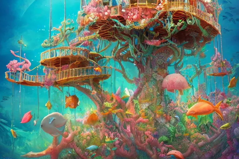 Image similar to an elaborate whimsical treehouse built under the sea, surrounded by colorful coral and dolphins, hyperdetailed, artstation, concept art, 4k