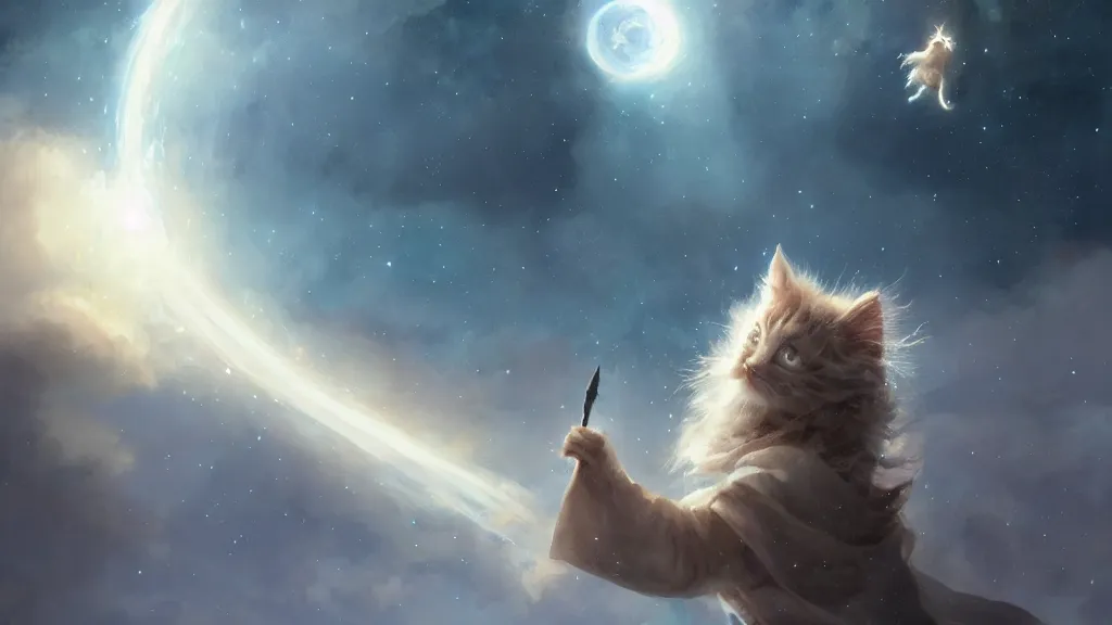 Prompt: cartoonish kitten dressed as Gandalf floating in space, bright stars, anime, a fantasy digital painting by Greg Rutkowski and James Gurney, trending on Artstation, highly detailed