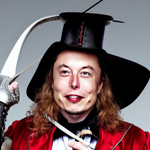 Image similar to photo of elon musk as a musketeer, he has a big black hat with a red feather, he is holding a shiny rapier sword and he is looking straight to the camera