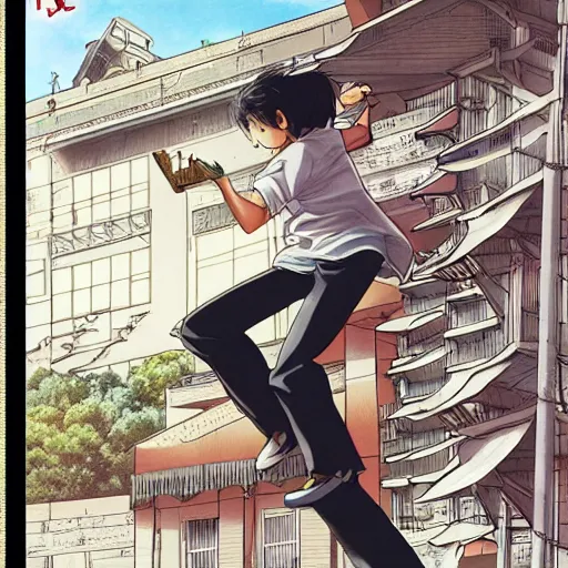 Prompt: parkour < / w > nazo no kanojo x by ueshiba riichi illustration, highly detailed city