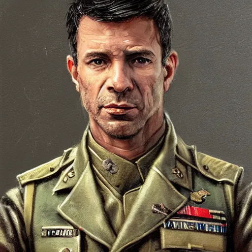 Image similar to Portrait of a man by Greg Rutkowski, he is about 40 years old, british-hispanic mixture, attractive, military composure, short brown hair, chilean, father image vibes, he is wearing futuristic military fatigues, highly detailed portrait, digital painting, artstation, concept art, smooth, sharp foccus ilustration, Artstation HQ.