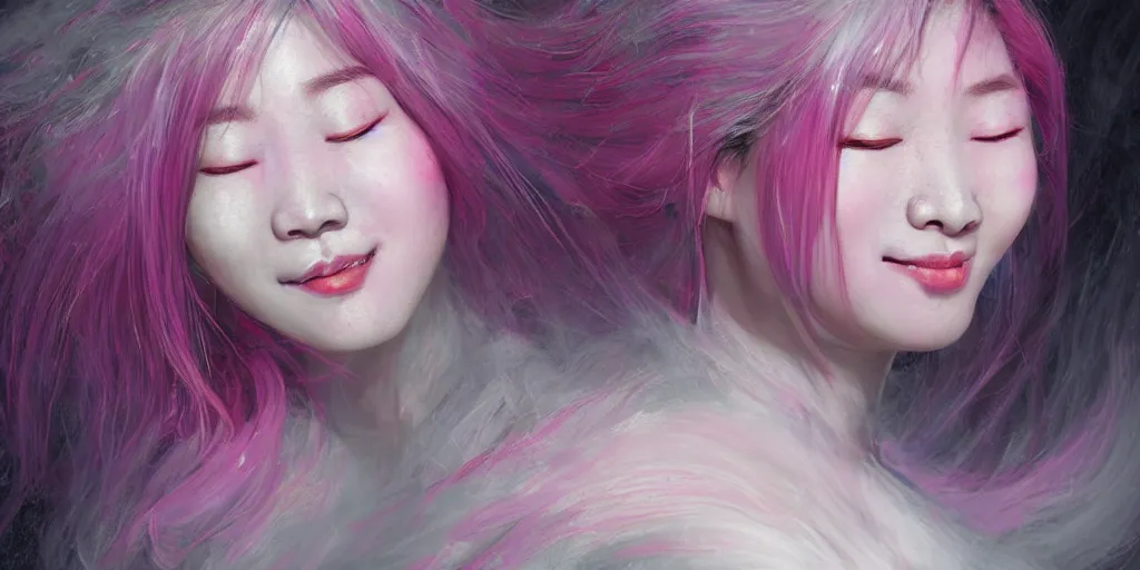 Prompt: a portrait of a very beautiful young asian goddess, seductive smile, with pink and grey hair radiating swirling paint and impasto, sleepy eyes by wlop and edward robert hughes, background is volumetric displacement, hyperrealism, subsurface scattering, arnold render, 8 k, houdini, xparticles