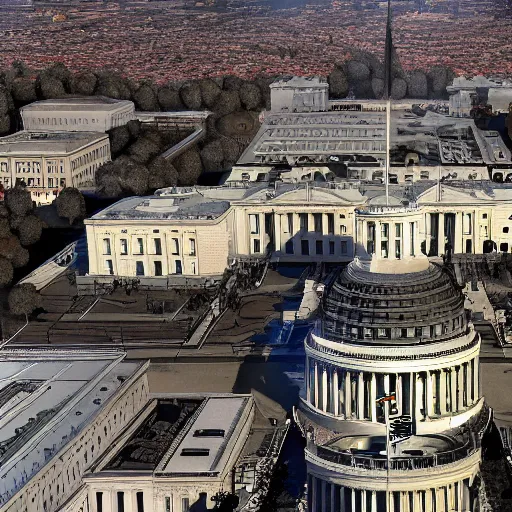Prompt: capitol riot, View from the top of white house with many people rioting below, hyper-realistic, ultra-detailed, high resolution, HDR shot, cinematic lighting
