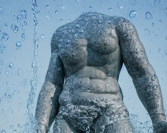 Prompt: a giant abstract sculpture of a legendary greek warrior god on the water, in the style of jaume plensa, award winning, cinematic, hyper - realistic, very detailed, realistic water splashes, ray tracing, 8 k resolution, long - shot, sharp focus, low angle, 8 5 mm photograph, wide lens