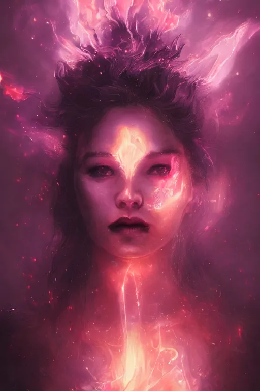 Image similar to a beautiful portrait of a young cosmic Demon women covered in deep purple flames with an intense look on her face by Greg Rutkowski, Sung Choi, Mitchell Mohrhauser, Maciej Kuciara, Johnson Ting, Maxim Verehin, Peter Konig, Bloodborne , 8k photorealistic, cinematic lighting, HD, high details, atmospheric , trending on artstation