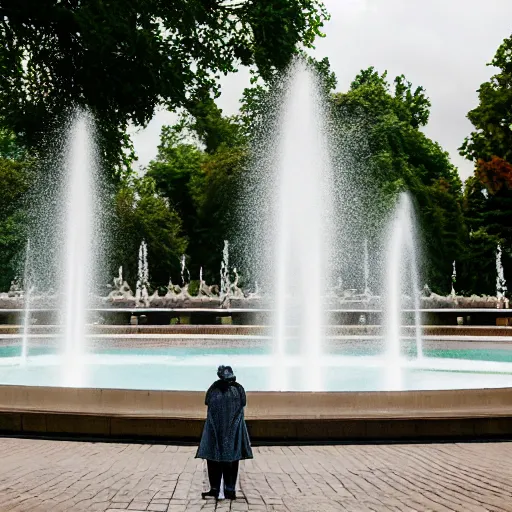 Image similar to a full body portrait of a very very very beautiful young woman wearing a white apron standing in front of a fountain in a park, very detailed, William-Adolphe, photo taken with Sony a7R