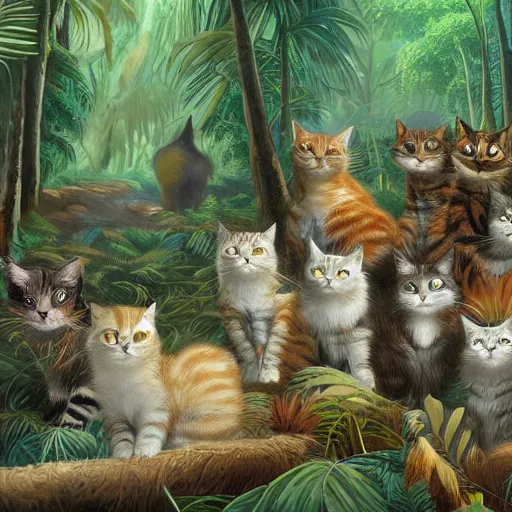 Image similar to a group of cats traveling in a very dense rainforest,artstation