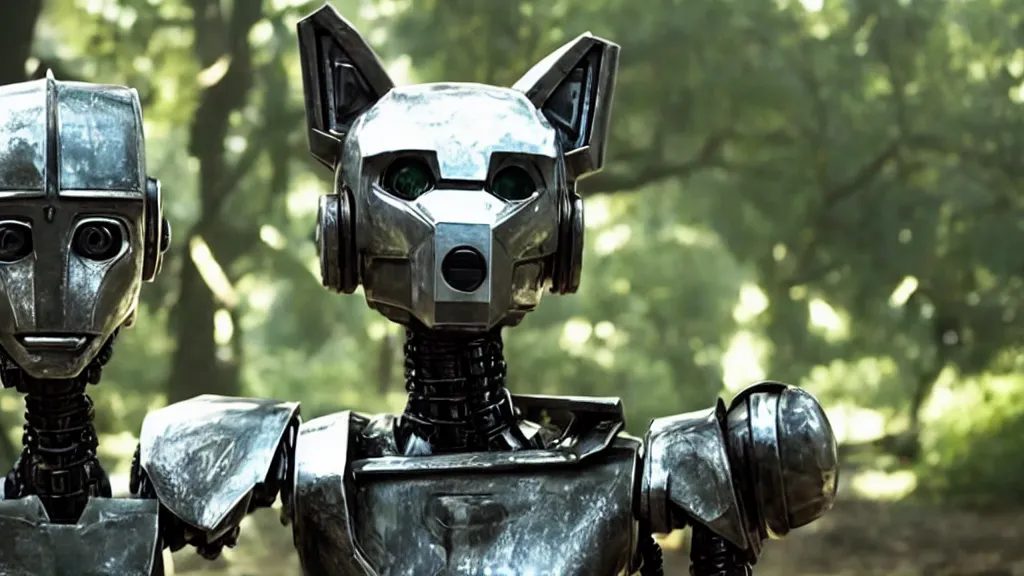 Image similar to film still from the movie chappie of the robot chappie shiny metal outdoor park plants scene bokeh depth of field furry anthro anthropomorphic stylized cat ears head android service droid robot machine fursona