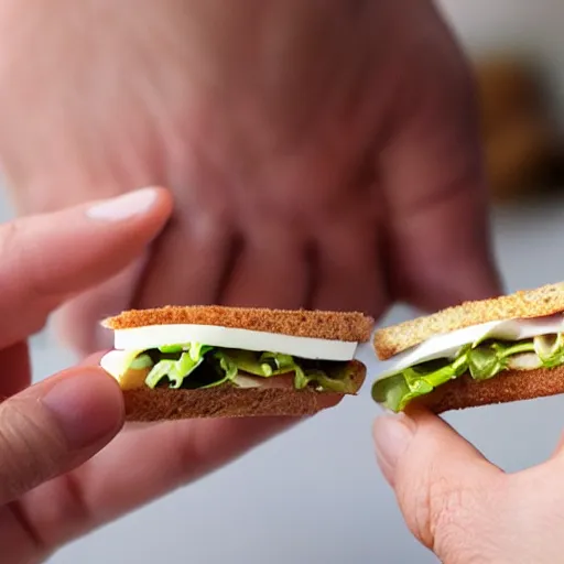 Image similar to hands presenting the tiniest sandwich ever made