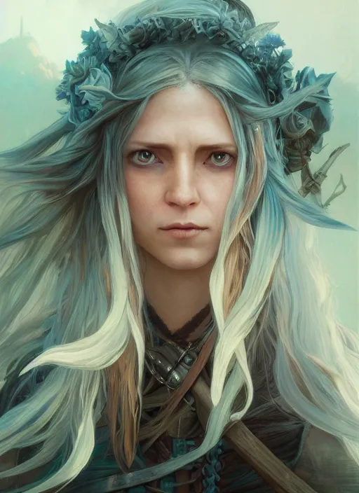 Image similar to highly detailed portrait of a half - elf woman pirate with long hair, stephen bliss, unreal engine, fantasy art by greg rutkowski, loish, rhads, ferdinand knab, makoto shinkai and lois van baarle, ilya kuvshinov, rossdraws, tom bagshaw, alphonse mucha, global illumination, radiant light, detailed and intricate environment