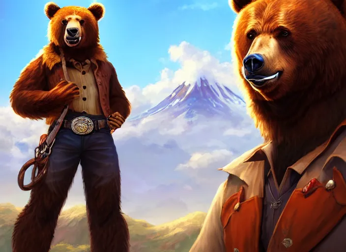 Image similar to character portrait feature of the anthro male anthropomorphic kamchatka brown bear fursona wearing cowboy outfit wild west desperado character design stylized by charlie bowater, ross tran, artgerm, and makoto shinkai, detailed, soft lighting, rendered in octane