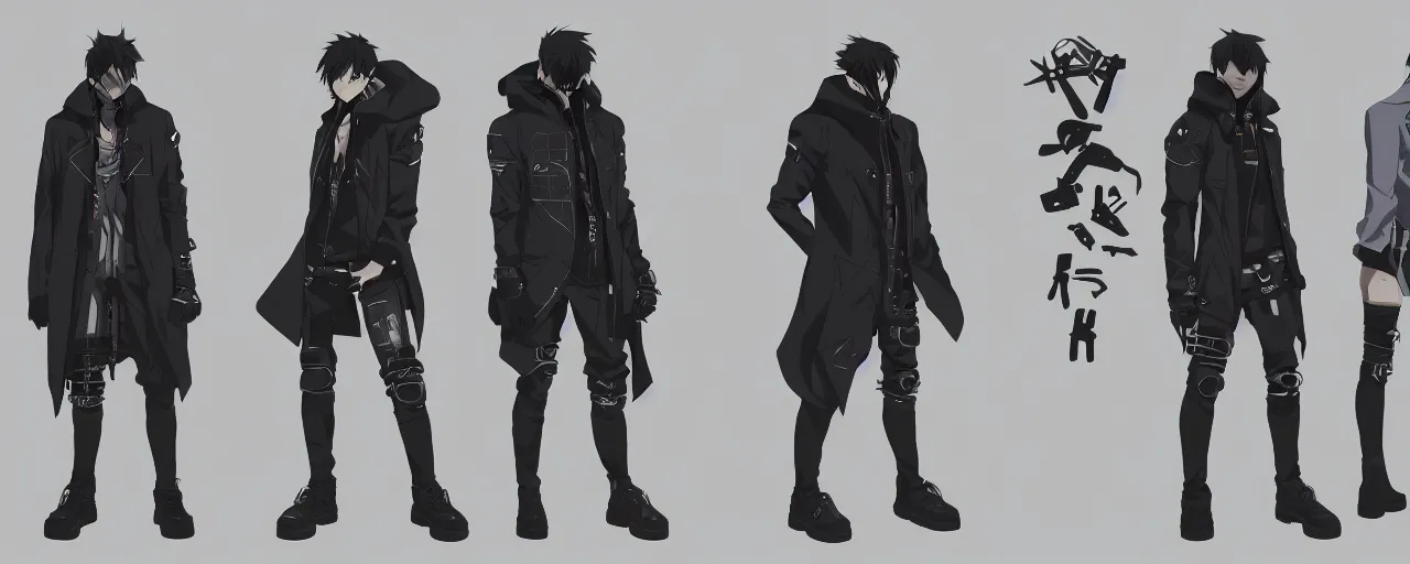 Prompt: a male anime cyberpunk hero protagonist wearing a heavy jacket and heavy black boots, character concept exploration, outfit designs, trending on artstation; clear silhouette, strong design