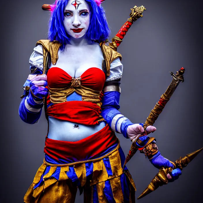 Image similar to full body photo of a real - life beautiful female jester warrior, 8 k, hdr, smooth, sharp focus, high resolution, award - winning photo