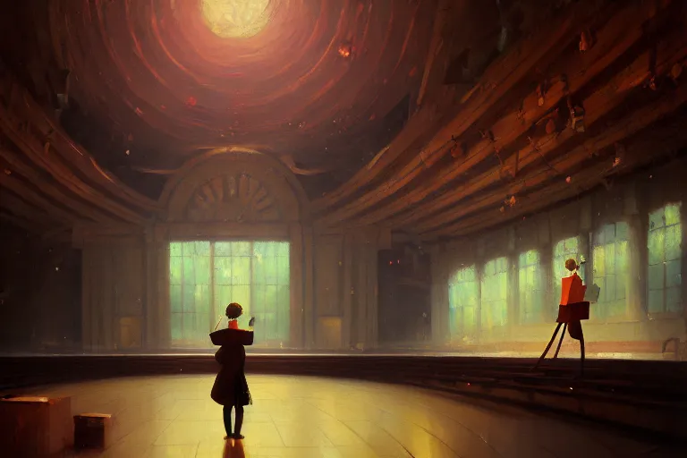 Prompt: baroque oil painting of anime key visual concept art of teacher in giant auditorium, trending on artstation, palette knife and brush strokes, oil on canvas, style of makoto shinkai greg rutkowski studio ghibli