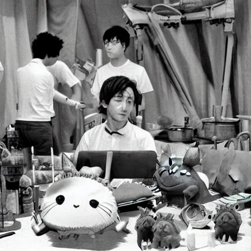 Prompt: A behind the scenes on set photo of the making of 'Totoro' by Miyazaki