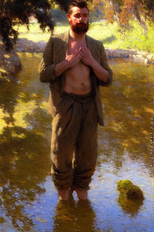 Image similar to attractive man by a river, bright sunlight, oil covered skin, painting by gaston bussiere, craig mullins