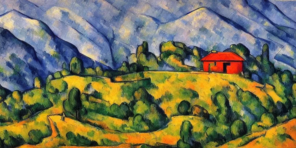 Prompt: stunning painting of landscape with an red cabin on a mountain by paul cezanne