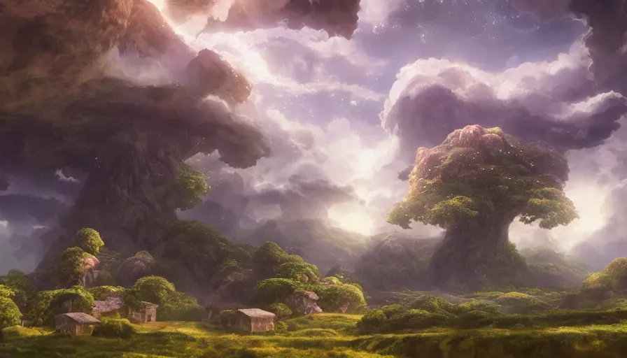 Prompt: a village below the great world-tree of Yggdrasil, dramatic volumetric clouds, cozy wallpaper, 4k, high details, volumetric magical lighting, motion blur, blur, trending on Artstation, award-winning, art by Studio Ghibli, by Chris Moore