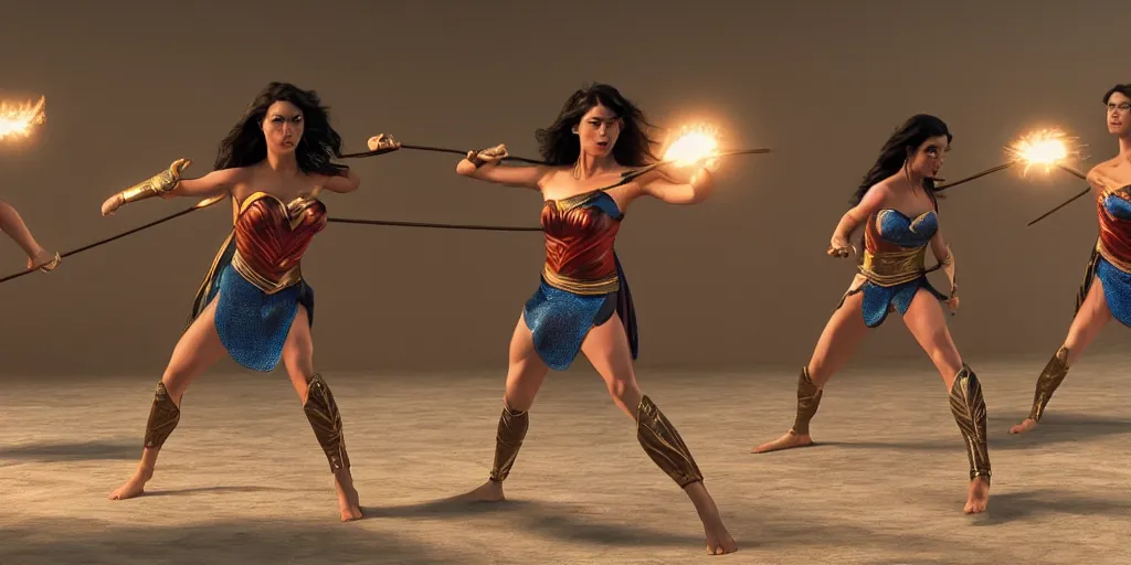 Prompt: wonder women performing kalaripayattu, cinematic, color graded, volumetric lighting, octane render, ultra realistic