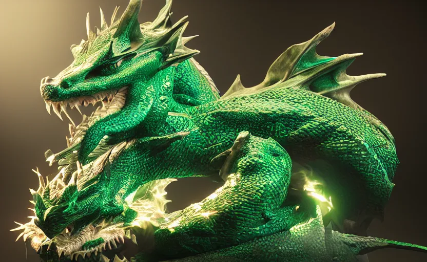 Image similar to green dragon, smiling, studio shot, volumetric lighting