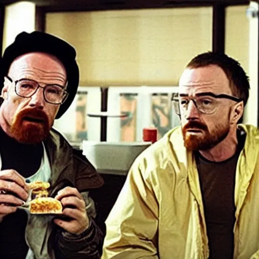 Image similar to walter white and jesse pinkman eating hamburger