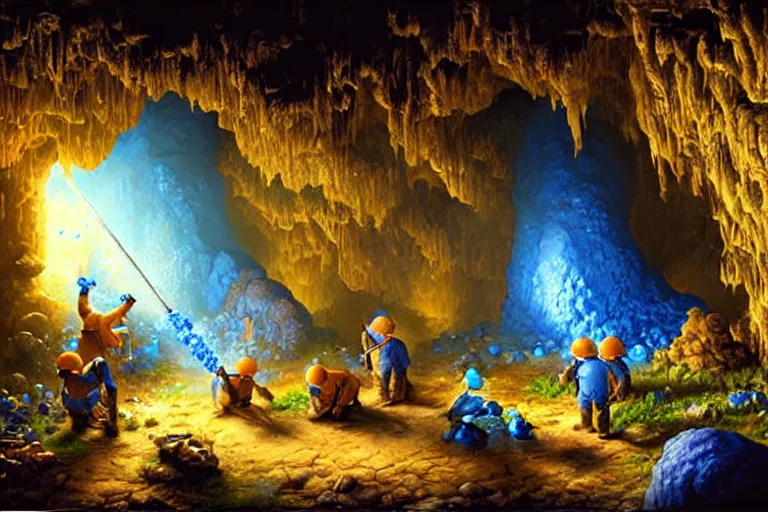 Image similar to portrait of group miners pepe digging deep cave trying to find blue crystals, an oil painting by ross tran and thomas kincade