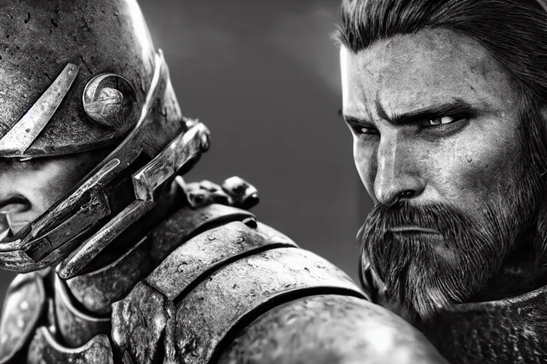 Image similar to still photo of castle age war man looking at the camera in a battlefield, black and white color aesthetic, highly detailed, photorealistic portrait, bright studio setting, studio lighting, crisp quality and light reflections, unreal engine 5 quality render