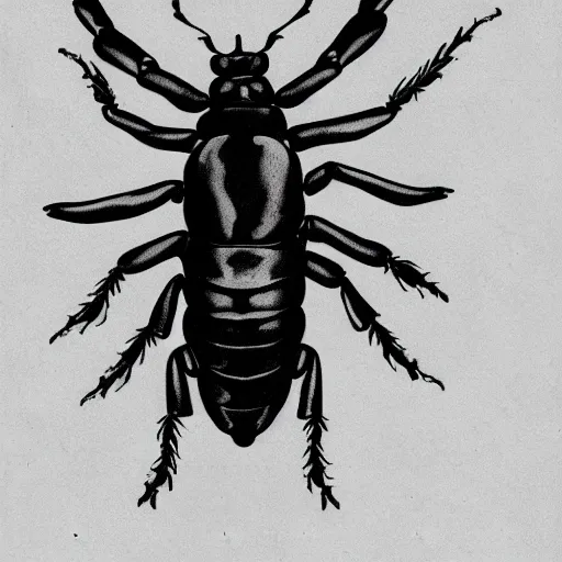 Image similar to black stag beetle full body, black and white, botanical illustration, black ink on white paper, bold lines