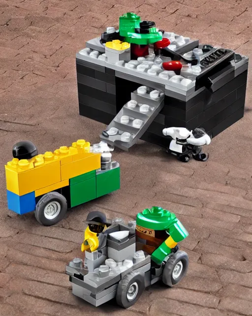 Image similar to lego raccoon dumpster set