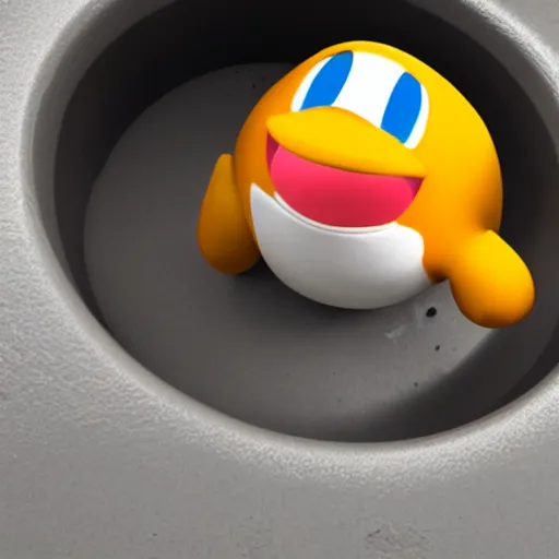 Image similar to photo of waddle dee squeezing out of the sink hole