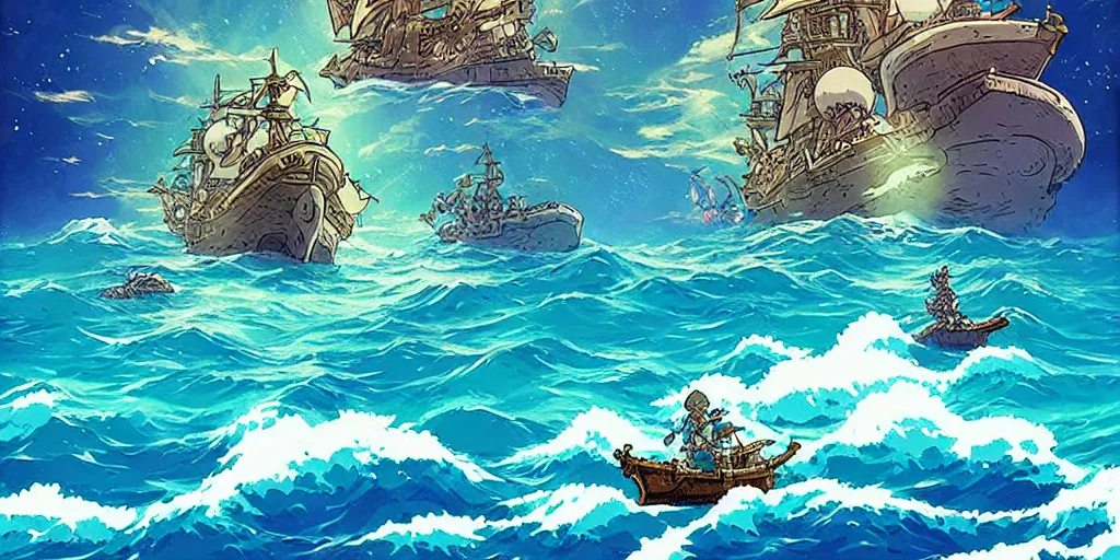 Prompt: hd pixel art beautiful pirates battles in the ocean botw-studio-ghibli-interstellar-dinotopia #art #distinct #cinematic-composition