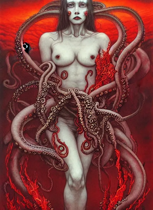 Image similar to a female demon with tentacles and white wings, on background red lake on fire, highly detailed, art by Ayami Kojima, Beksinski, Giger