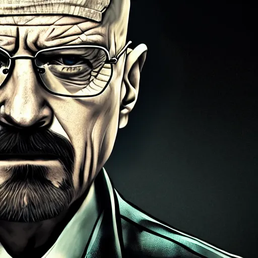 Image similar to walter white wearing an eyepatch and dressed as solid snake from metal gear, 4 k, hyper realistic, dslr, high resolution, landscape, beautiful