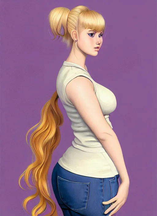 Image similar to full body teenage betty cooper, blonde hair, obese, bangs, ponytail, sultry, realistic, sultry smirk, ponytail, fluffy bangs, curly bangs, fat, belly, beautiful girl, intricate, elegant, highly detailed, digital painting, artstation, concept art, smooth, sharp focus, illustration, art by wlop, mars ravelo and greg rutkowski