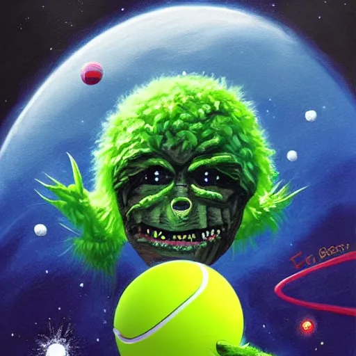 Image similar to a tennis ball monster in space , digital art, fantasy, magic, trending on artstation, ultra detailed, professional illustration by Basil Gogos