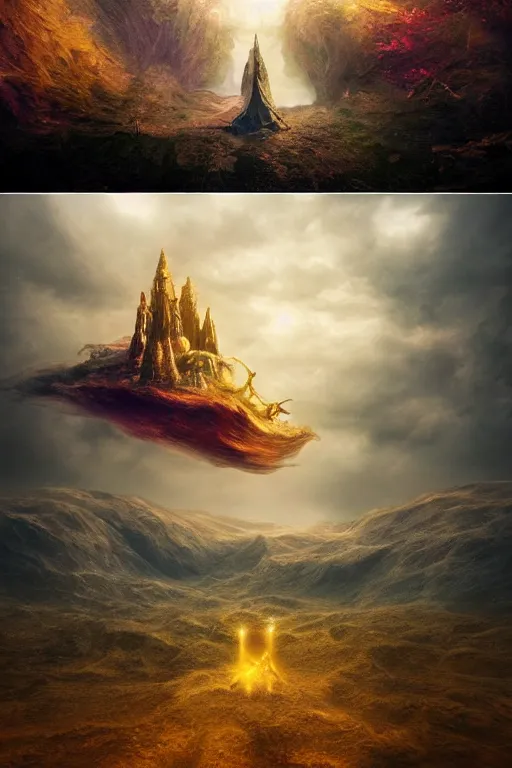 Image similar to dream world epic, cinematic, magical fantasy using the rule of thirds and the golden ratio dream world epic, cinematic, magical fantasy using the rule of thirds and the golden ratio, presented in artstation hyperrealism, award winning artwork, trend, high quality print, fine art with subtle redshift rendering